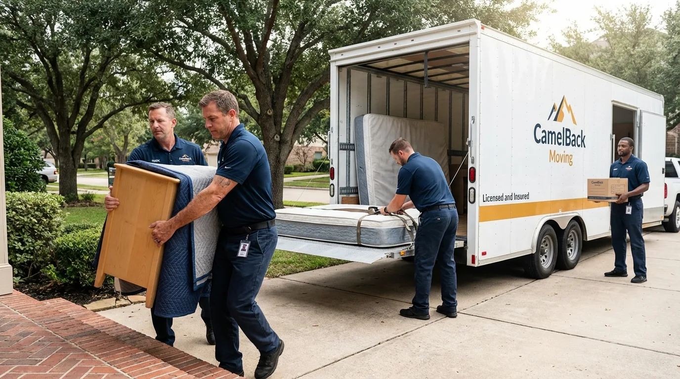 Crew loading residential truck for cross-state move from Kettleman City, CA