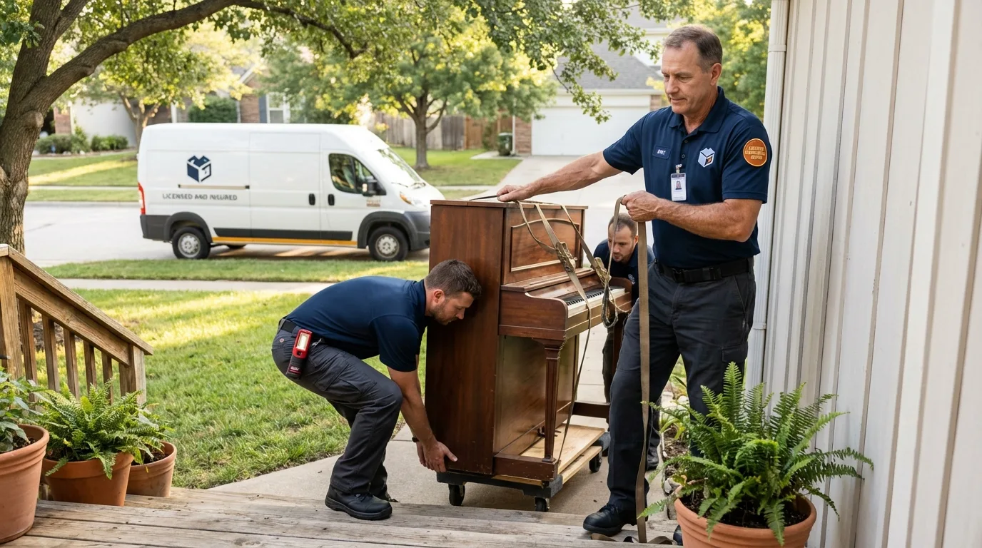 Licensed piano movers securing grand piano in Kettleman City, CA