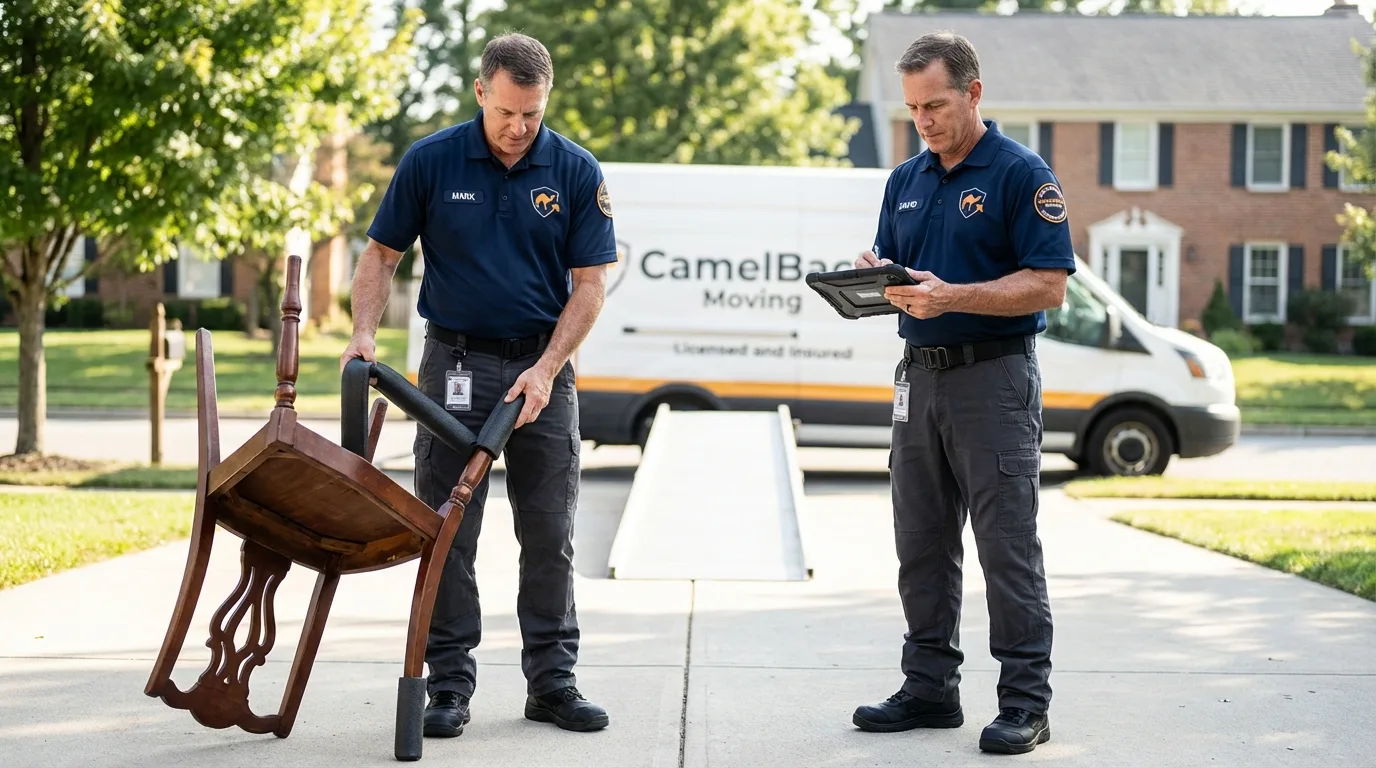 Movers inspecting furniture for damage prevention before loading in Kettleman City, CA