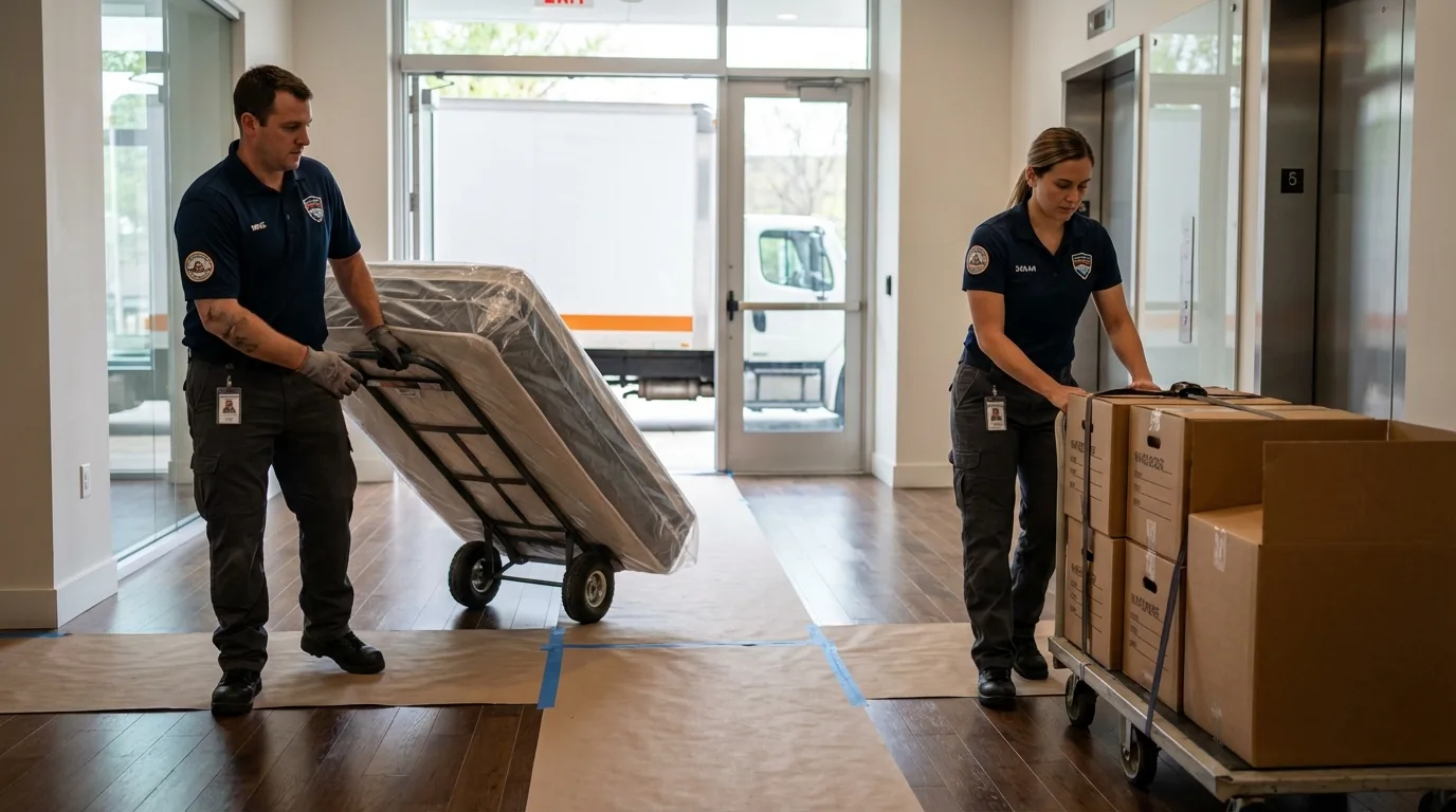Professional apartment movers loading elevator in Kettleman City, CA