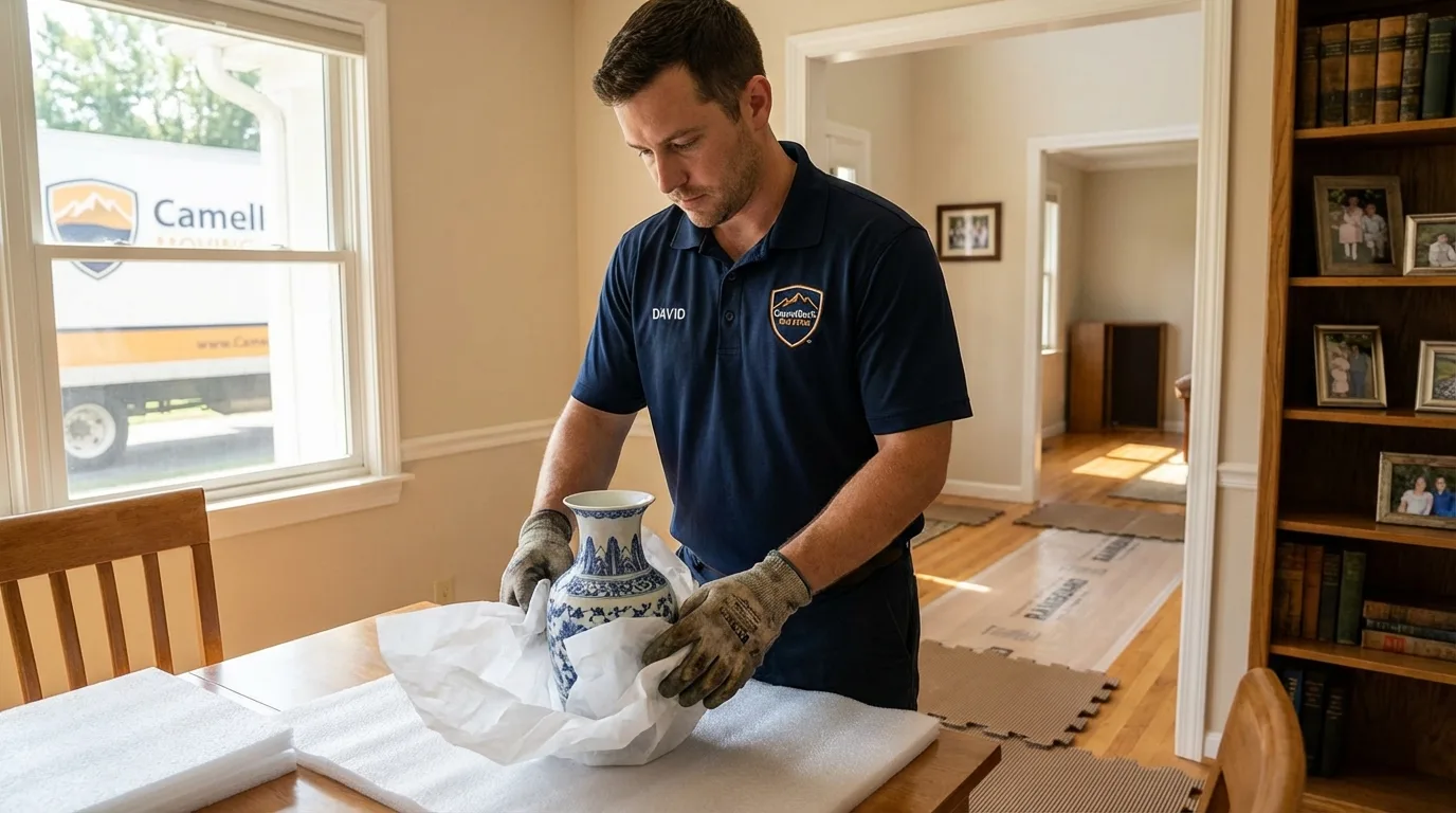 Professional crew carefully wrapping antique vase for senior downsizing move in Kettleman City, CA